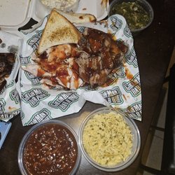Greedyman's Bar B Que & Grill Food Truck - Q Man's (turkey n brisket) Baked beans, smoked machine n cheese, collards, turkey bacon potato salad.