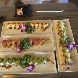 Firecracker Roll at the top $7.62 Candy Roll below it $16.95 Caterpillar Roll $8.25 Crunch Dragon Roll to the right $18.95 Firecracker Roll at the top $7.62 Candy Roll below it $16.95 Caterpillar Roll $8.25 Crunch Dragon Roll to the right $18.95