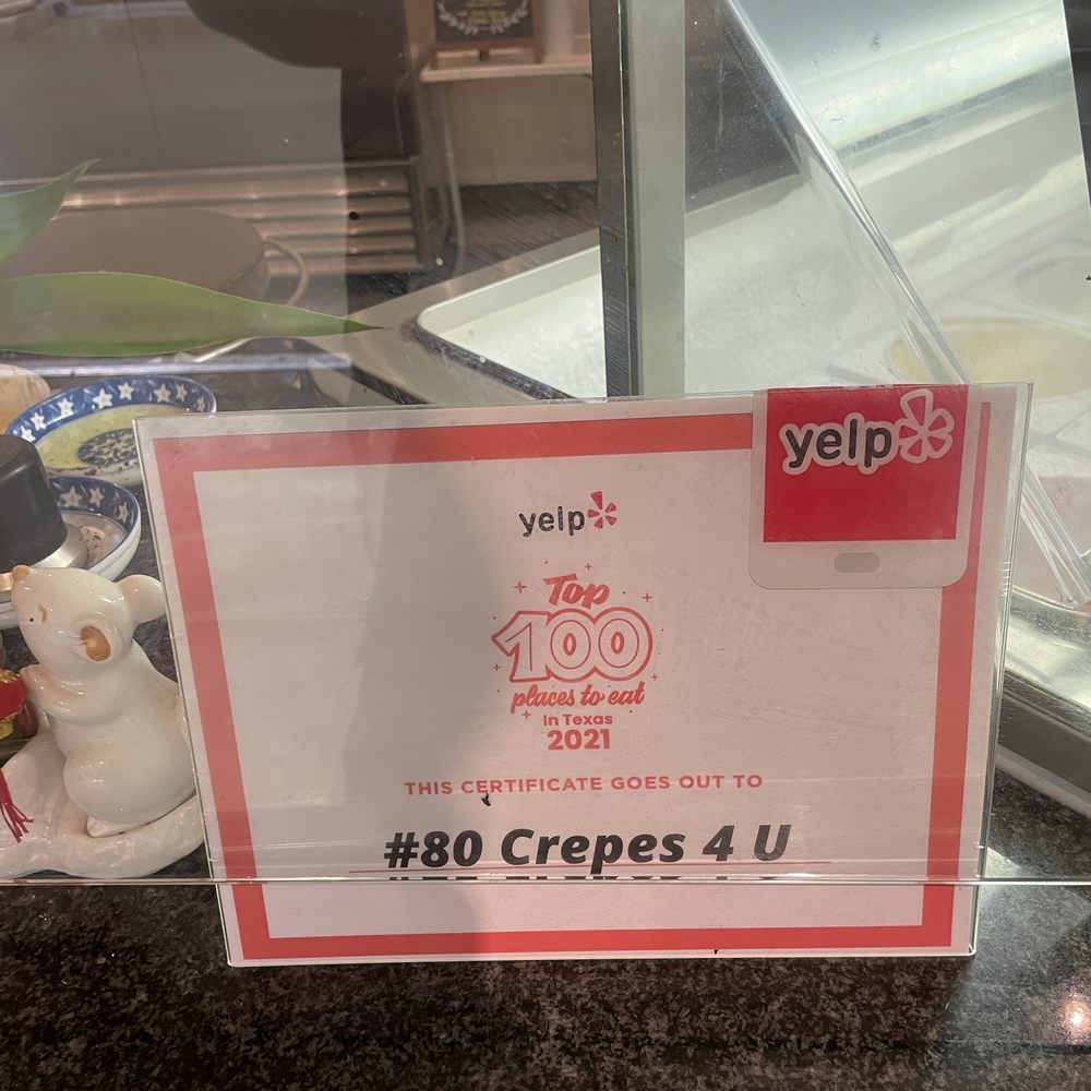Crepes 4 U - Saw the Asian Food in DFDub Sticker here and yelp award from a few years back. Well deserved. - Creperies Near Me - Plano, Texas Crepes 4 U - Saw the Asian Food in DFDub Sticker here and yelp award from a few years back. Well deserved. - Creperies Near Me - Plano, Texas