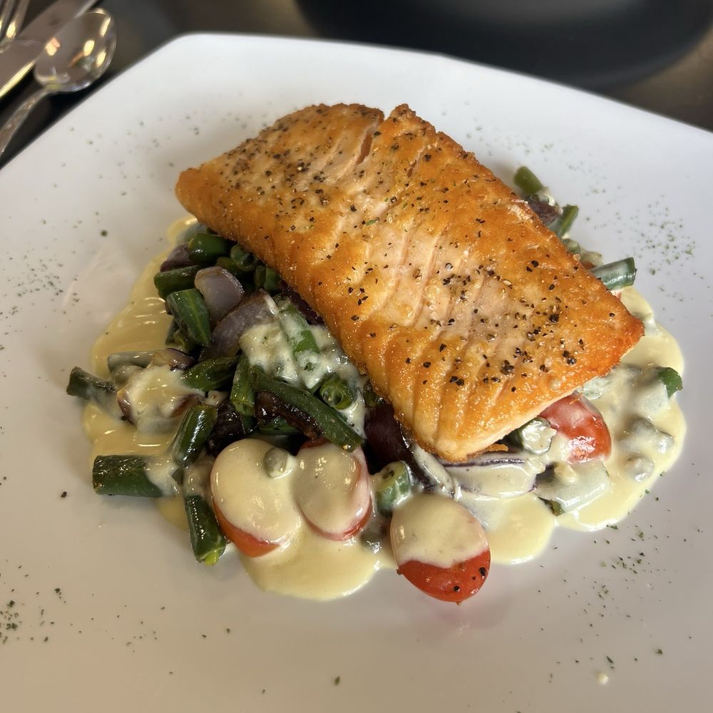 New Town Cafe - Seared Salmon with lemon caper sauce 10/10 - Breakfast & Brunch Near Me - Turlock, California New Town Cafe - Seared Salmon with lemon caper sauce 10/10 - Breakfast & Brunch Near Me - Turlock, California