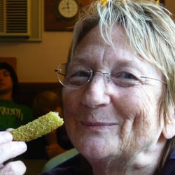 Marblemount Diner - A friend enjoying fried pickles. She had never had one before!