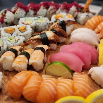 Moegi Sushi - a variety of sushi on a wooden platter - Japanese Near Me - Toronto, Ontario