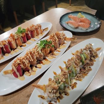 Sushi Zone - Left to right Scallop lover, something my husband got and honey walnut shrimp roll - Sushi Bars Near Me - Livermore, California