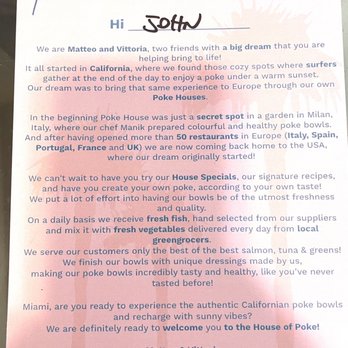Poke House - A letter from Matteo and Vittoria, owners of the Poke House Miami Beach. - Poke Near Me - Miami Beach, Florida Poke House - A letter from Matteo and Vittoria, owners of the Poke House Miami Beach. - Poke Near Me - Miami Beach, Florida