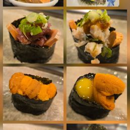 Monkfish Liver Sunamono, Eel Tempura Avocado Hand roll, Toro Scallion MFL, Spicy Clam MFL, Uni, Toro A5 Beef, Tai Skin Handroll Monkfish Liver Sunamono, Eel Tempura Avocado Hand roll, Toro Scallion MFL, Spicy Clam MFL, Uni, Toro A5 Beef, Tai Skin Handroll