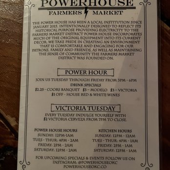 Power House - Menu - hours and deals 5/13/2023 - New American Near Me - Oklahoma City, Oklahoma Power House - Menu - hours and deals 5/13/2023 - New American Near Me - Oklahoma City, Oklahoma