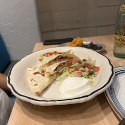 Veggie quesadilla, side of pico and sour cream. Awesome Veggie quesadilla, side of pico and sour cream. Awesome