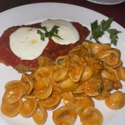 chicken Parm with an upgrade pasta (Orecchiette con Salsiccia alla Piemontese)