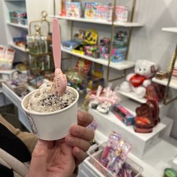 a person holding a cup of ice cream
