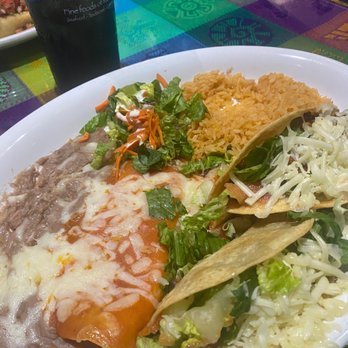 La Costa Mariscos - Cheese enchilada and two crunchy beef tacos and rice And beans - Mexican Near Me - Bakersfield, California