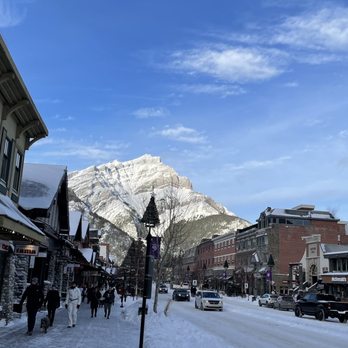 Mary's Popcorn Shop - a snowy street with a mountain in the background - Specialty Food Near Me - Banff, Alberta Mary's Popcorn Shop - a snowy street with a mountain in the background - Specialty Food Near Me - Banff, Alberta