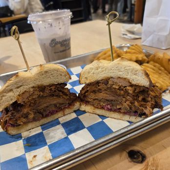 Bowerman's On 8th - Blueberry BBQ sandwich with waffle fries - Cafes Near Me - Holland, Michigan Bowerman's On 8th - Blueberry BBQ sandwich with waffle fries - Cafes Near Me - Holland, Michigan