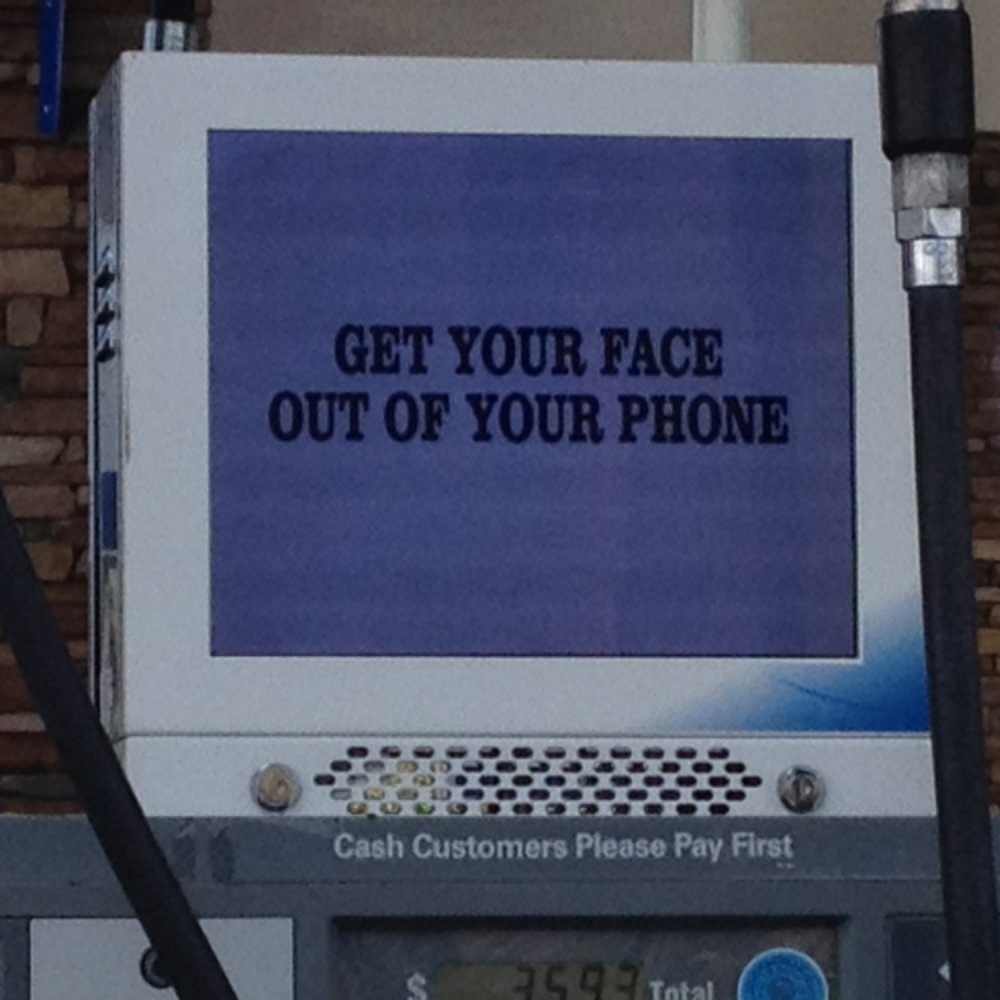 Warning at the pump for you gas pumping texting animals! NOT! It's an NHP warning ;) Warning at the pump for you gas pumping texting animals! NOT! It's an NHP warning ;)