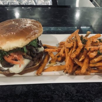 Salt Fine Dining - Mushroom Swiss burger with sweet potato fries - Seafood Near Me - Kaukauna, Wisconsin
