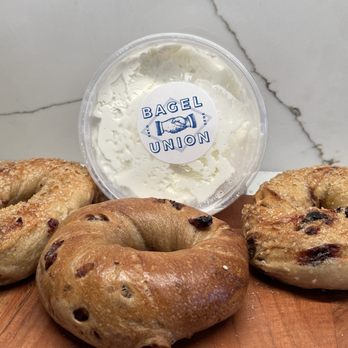Bagel Union - Cherry crunch (the two in the back) and Cinnamon raisin (foreground) - Bagels Near Me - Webster Groves, Missouri