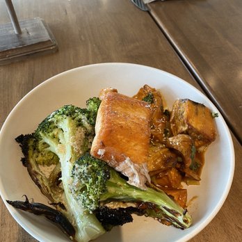 Flower Child - Salmon Entree with broccoli & sweet potato - Vegetarian Near Me - Denver, Colorado