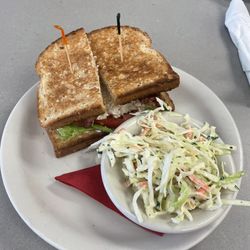 Southern Coney and Breakfast - Chunky chicken salad sandwich with bacon, and cole slaw side