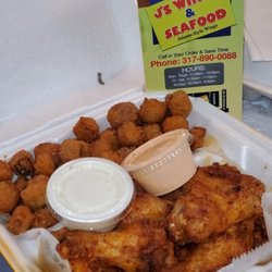 J's Wings & Seafood - Garlic Sriracha wings and Fried Okra W/Yum yum sauce and Ranch