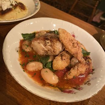 Saint Claire - Grouper - Corona Beans, Tomatoes, Basil and Fried Okra - Bars Near Me - New Orleans, Louisiana Saint Claire - Grouper - Corona Beans, Tomatoes, Basil and Fried Okra - Bars Near Me - New Orleans, Louisiana