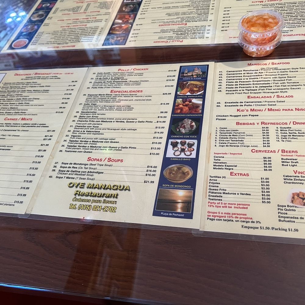 Oye Managua - Menu. I like this because it's in the table so you don't have to touch dirty menus - Latin American Near Me - San Francisco, California Oye Managua - Menu. I like this because it's in the table so you don't have to touch dirty menus - Latin American Near Me - San Francisco, California
