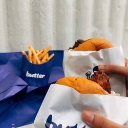 Buffalo ranch chicken burger and beef smash burger