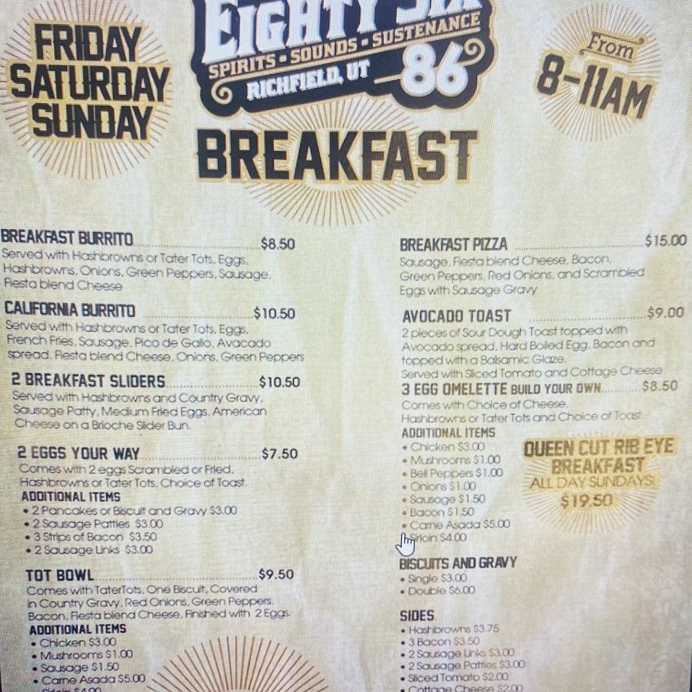 Bar86 - Breakfast Menu - Bars Near Me - Richfield, Utah