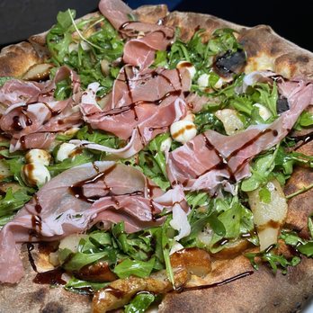 Charred Brick Oven - Prosciutto Pear arugula Pizza - Pizza Near Me - Seaford, New York Charred Brick Oven - Prosciutto Pear arugula Pizza - Pizza Near Me - Seaford, New York