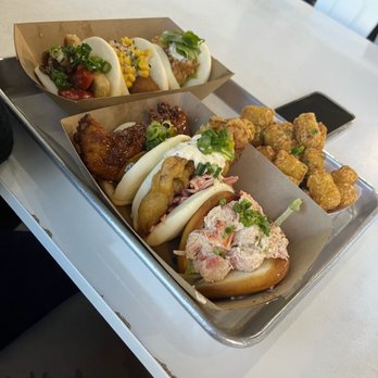 King Bao - On the left (top to bottom): Mr. Potato Head & Veganville; truffle tots, bottom: hot chicken, softshell crab & lobster roll - Asian Fusion Near Me - Orlando, Florida