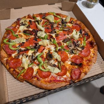 Pizza Guys - Medium pizza with pepperoni, bell pepper, mushroom and artichoke hearts. - Pizza Near Me - Chatsworth, California