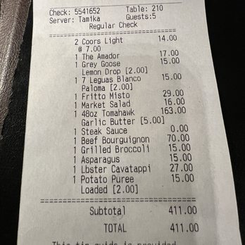 SR Prime Steakhouse - reciept for party of five. - Steakhouses Near Me - Elk Grove, California