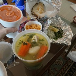 Caldo de pollo (chicken soup), Zanahoria Juice (carrot), and quesadillas.