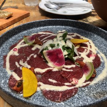 INTI Beach - Beef carpaccio! Soft, fresh meat with a touch of olive oil and on the side toasted bread pieces. Approved by my hubby! - Peruvian Near Me - Playa del Carmen, ROO