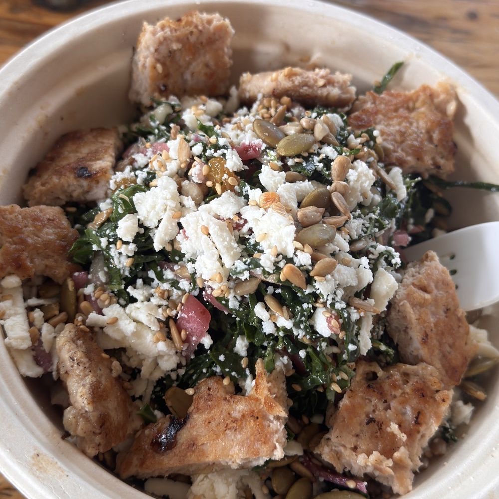 The Station - Crunchy Kale salad with chicken - Burgers Near Me - Berkeley, California The Station - Crunchy Kale salad with chicken - Burgers Near Me - Berkeley, California