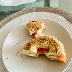 La Fabrique de Bagel - Cold smoked salmon with cream cheese on a sesame bagel; that was brought home