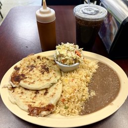 Pupusas, beans, and rice