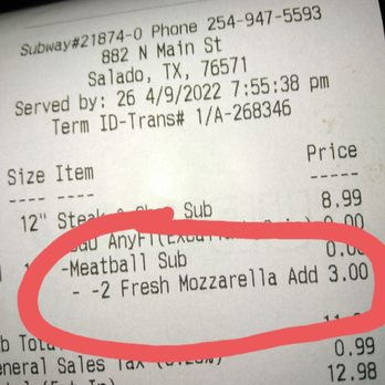 Subway - Receipt of charges for standard serving of cheese. Not an extra, same Serving as one regular serving - Sandwiches Near Me - Salado, Texas Subway - Receipt of charges for standard serving of cheese. Not an extra, same Serving as one regular serving - Sandwiches Near Me - Salado, Texas