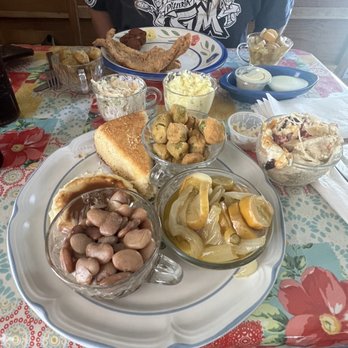The Front Porch - Fried catfish, tomato casserole, fried okra, coleslaw, potato salad, squash and onion, speckled butter beans & skillet cornbread - Southern Near Me - Cusseta, Alabama The Front Porch - Fried catfish, tomato casserole, fried okra, coleslaw, potato salad, squash and onion, speckled butter beans & skillet cornbread - Southern Near Me - Cusseta, Alabama