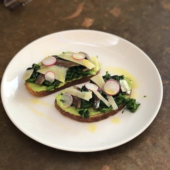 Foreign Cinema - Crostini - Fava bean hummus, broccoli rabe, house cured anchovies, and Mezzo Secco - Breakfast & Brunch Near Me - San Francisco, California
