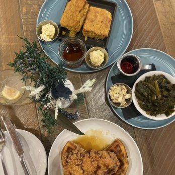 Bloom Southern Kitchen - Chicken & waffles with a side of collard greens and cornbread - so yummy! - Southern Near Me - Chester Springs, Pennsylvania Bloom Southern Kitchen - Chicken & waffles with a side of collard greens and cornbread - so yummy! - Southern Near Me - Chester Springs, Pennsylvania