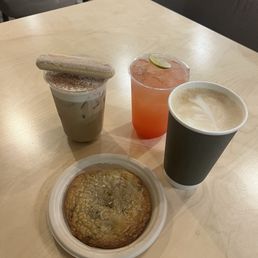 Tiramisu latte, strawberry lime lemonade, orange blossom latte, brown sugar chocolate chip cookie