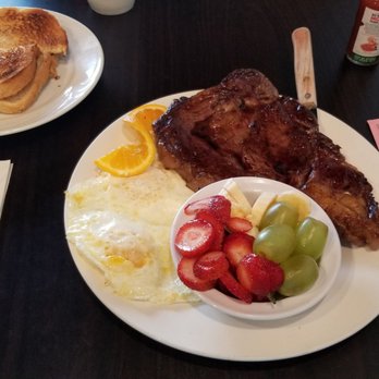 Mandys Cafe - Ribeye, medium, eggs and fruit edith sourdough toast! - Breakfast & Brunch Near Me - Bakersfield, California