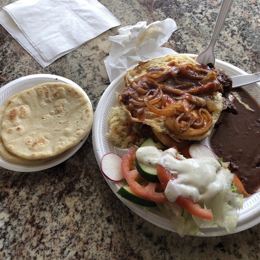 Changarro & Pupuseria - Steak and Fried eggs/onions on top served with 2 corn tortillas, refried beans, rice and salad. - Tex-Mex Near Me - Gaithersburg, Maryland Changarro & Pupuseria - Steak and Fried eggs/onions on top served with 2 corn tortillas, refried beans, rice and salad. - Tex-Mex Near Me - Gaithersburg, Maryland