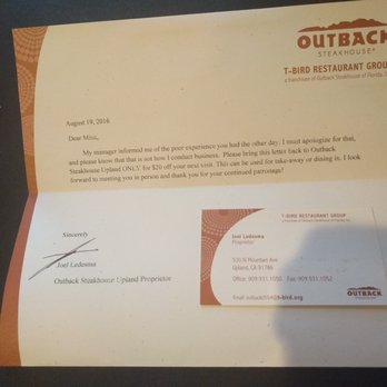 Outback Steakhouse - Received this voucher for $20 after spending $80 and having a rotten experience with food and service. How insulting Outback! - Steakhouses Near Me - Upland, California Outback Steakhouse - Received this voucher for $20 after spending $80 and having a rotten experience with food and service. How insulting Outback! - Steakhouses Near Me - Upland, California
