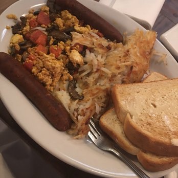Seven Mile Cafe - Vegan delicious tofu scramble tastes better than eggs! Soyrizo and hash browns with sourdough and vegan butter - Breakfast & Brunch Near Me - Keller, Texas