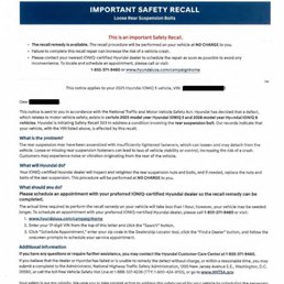 (Letter from Hyundai notifying of recall, and describing time necessary for repair) (Letter from Hyundai notifying of recall, and describing time necessary for repair)