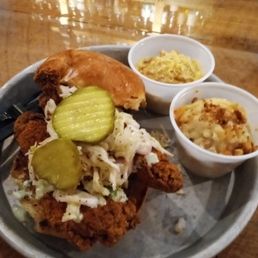 Hot chicken sandwich with grits casserole and Mac and cheese Hot chicken sandwich with grits casserole and Mac and cheese