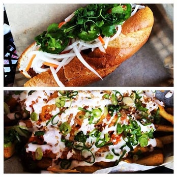 Del Seoul - BBQ pork banh mi sandwich and kimchee fries. - Korean Near Me - Chicago, Illinois Del Seoul - BBQ pork banh mi sandwich and kimchee fries. - Korean Near Me - Chicago, Illinois