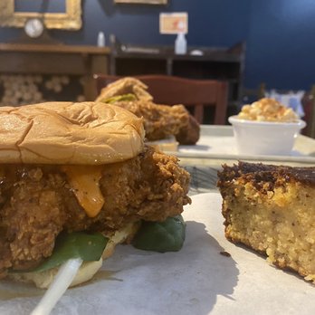 Grace Meat + Three - Spicy Chicken Sandwich and cornbread. - Southern Near Me - St Louis, Missouri