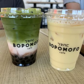 Bopomofo Cafe - BA-LA Matcha (left) Orange WANG! (right) - Bubble Tea Near Me - San Gabriel, California Bopomofo Cafe - BA-LA Matcha (left) Orange WANG! (right) - Bubble Tea Near Me - San Gabriel, California