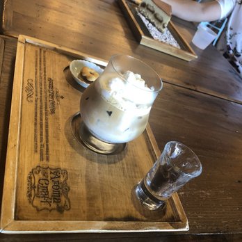 Aroma Craft Coffee - Cappuccino on such a cute wooden tray - Coffee Roasteries Near Me - Walnut, California